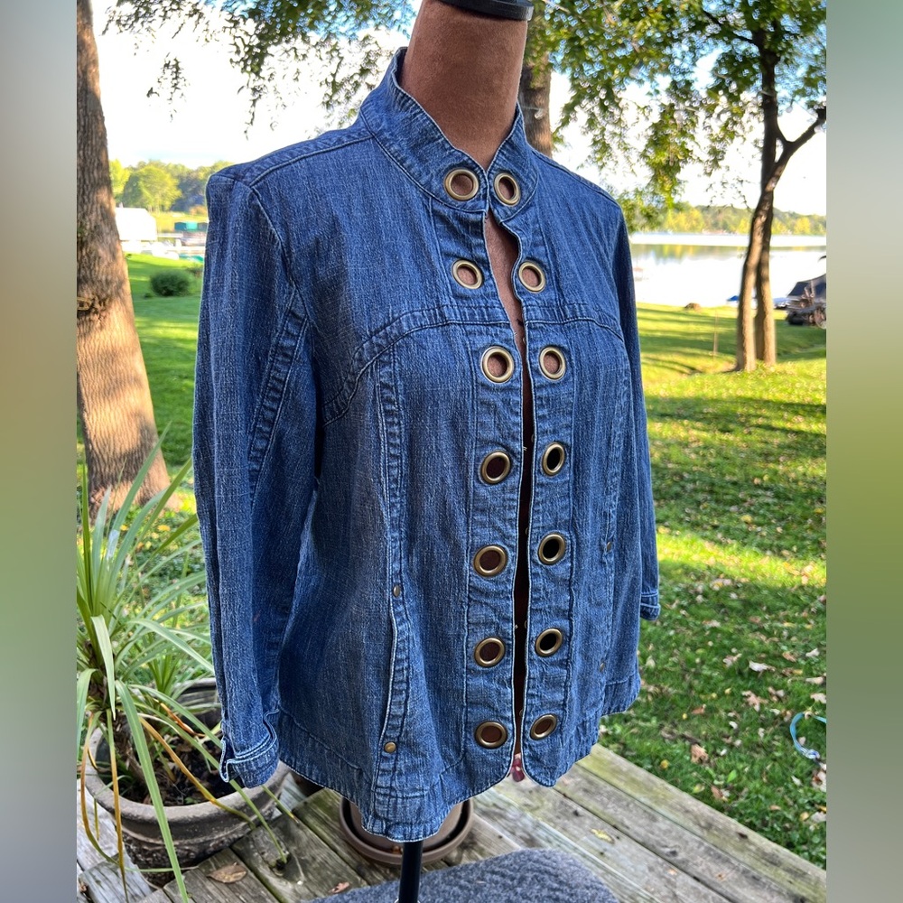 Live a Little Blue Jean Jacket with Unique Button and Clip  Design. Size L